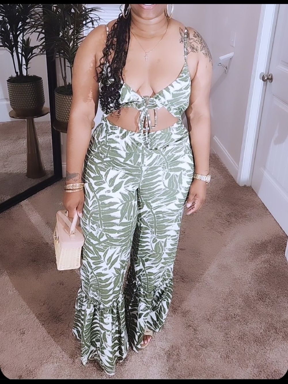 Leaf-Print Cutout Jumpsuit in Sage Green